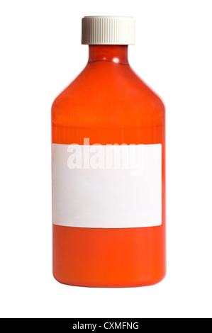 Una medicina di prescrizione bottiglia con un'etichetta vuota su un fondo bianco con spazio di copia Foto Stock