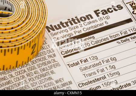 Nastro giallo misura accanto alla nutrizione informazioni sugli imballaggi negli Stati Uniti Foto Stock