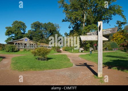 Il Westonbirt Arboretum cafe e segno-post Foto Stock