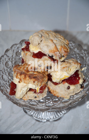 Focaccine marmellata fatta in casa, appena preparata, clotted cream, frutto su una piastra Foto Stock