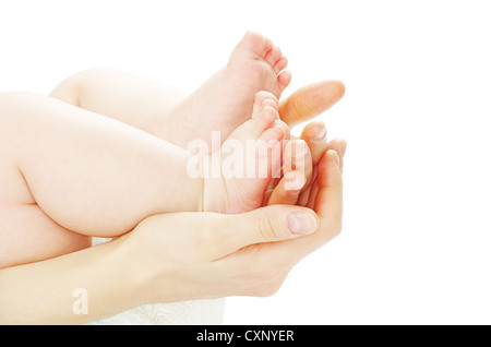 Neonato piedi e mani isolato su bianco Foto Stock