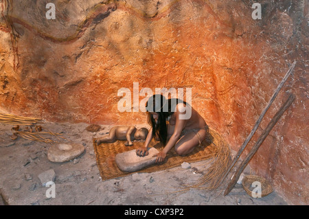 Famiglia indiana vivente al rock shelter abitazione, display al centro visitatori di Seminole Canyon State Park vicino Comstock, Texas, Stati Uniti d'America Foto Stock