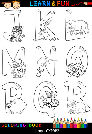 Alfabeto Cartoon libro da colorare o pagina impostati con animali divertenti per bambini educazione e divertimento Foto Stock