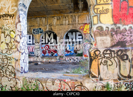 Battute di ponte lungo una sezione abbandonata del Dequindre tagliato in Detroit Michigan. Artisti di graffiti sono stati impegnati a decorare Foto Stock