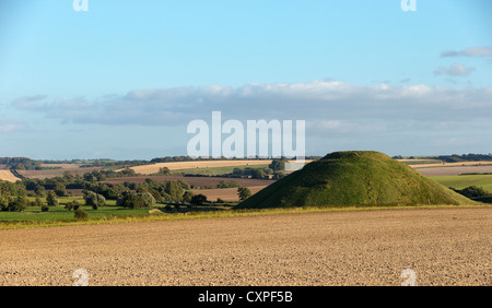 Vista su un campo arato verso Silbury Hill, un antico monumento neolitico costituito da un'artificiale chalk hill Foto Stock