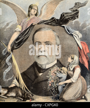 Ritratto di Louis Pasteur (1822-1895) Biologo, microbiologo e chimico francese & simboli patriottici di identità francese. Illustrazione vintage o incisione vecchia Foto Stock