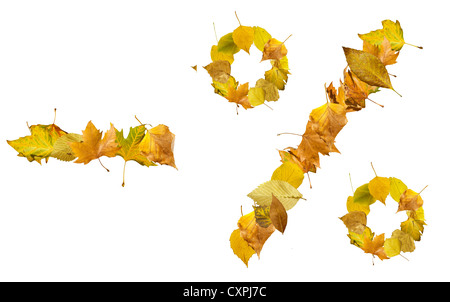 Le percentuali di segno fatto di foglie di autunno. White isolato. Sales conseption Foto Stock