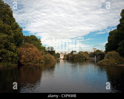 Vista del lago in St James Park che mostra il London Eye in background, City of Westminster, Londra, Inghilterra, Regno Unito Foto Stock