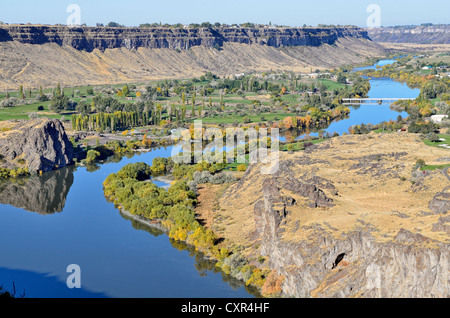 Snake River, il letto del fiume con rocce basaltiche che, Twin Falls, Idaho, Stati Uniti d'America, PublicGround Foto Stock