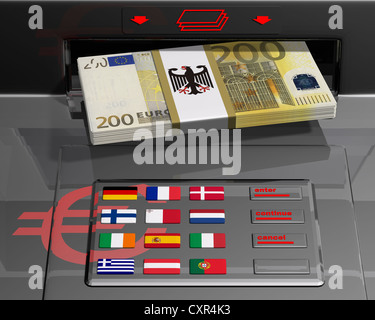 ATM con bandiere dell'UE, immagine simbolica per l'euro pacchetto di salvataggio, illustrazione Foto Stock