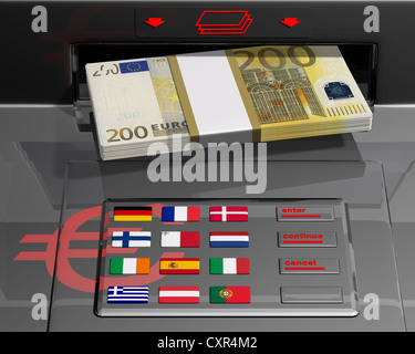 ATM con bandiere dell'UE, immagine simbolica per l'euro pacchetto di salvataggio, illustrazione Foto Stock