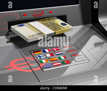 ATM con bandiere dell'UE, immagine simbolica per l'euro pacchetto di salvataggio, illustrazione Foto Stock