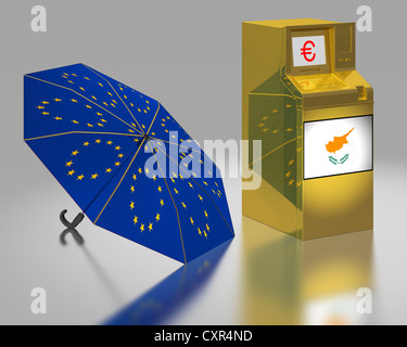 ATM con una bandiera cipriota accanto a un ombrello con le stelle dell'UE, immagine simbolica per l'euro pacchetto di salvataggio per Cipro Foto Stock