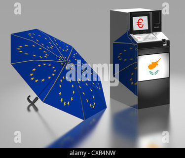 ATM con una bandiera cipriota accanto a un ombrello con le stelle dell'UE, immagine simbolica per l'euro pacchetto di salvataggio, illustrazione Foto Stock