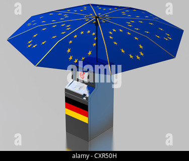 ATM con una bandiera tedesca sotto un ombrello con le stelle dell'UE, immagine simbolica per l'euro pacchetto di salvataggio per la Germania Foto Stock