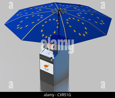 ATM con una bandiera cipriota sotto un ombrello con le stelle dell'UE, immagine simbolica per l'euro pacchetto di salvataggio per Cipro Foto Stock