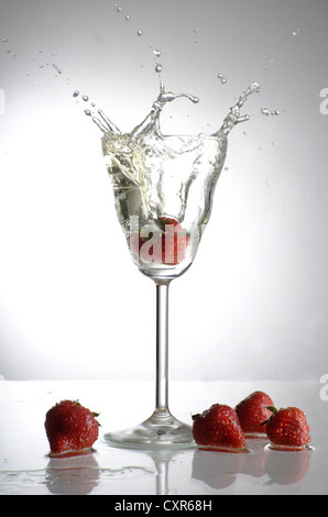 Fragola gocciolata in un bicchiere di champagne Foto Stock