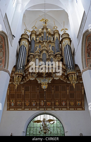 Vista interna, Stellwagen organo nella Marienkirche, la chiesa di Santa Maria, Città Anseatica di Stralsund, Patrimonio Mondiale dell UNESCO Foto Stock