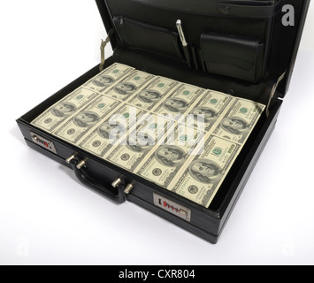 100-fatture del dollaro nella borsa, valigia di denaro Foto Stock