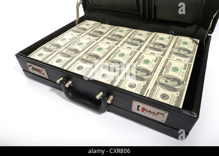 100-fatture del dollaro nella borsa, valigia di denaro Foto Stock