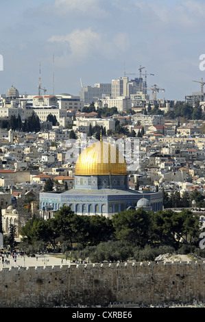 Vista dal Monte degli Ulivi verso la Cupola della roccia, il Monte del Tempio, la Città Vecchia di Gerusalemme, Israele, Medio Oriente Foto Stock