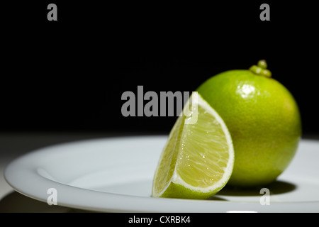 Limette (Citrus latifolia), intere e tagliate a fette, su una piastra bianca Foto Stock