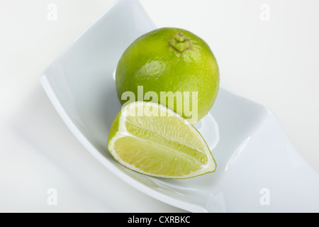 Limette (Citrus latifolia), intere e tagliate a fette in una ciotola bianco Foto Stock