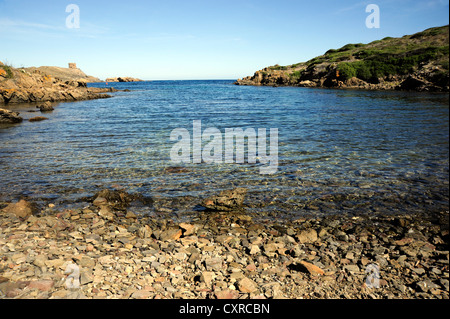 Spiaggia ghiaiosa, bay in S'Albufera des Grau Natura Park, Es Grau, Minorca, , isole Baleari, Mediterraneo, Spagna, Europa Foto Stock