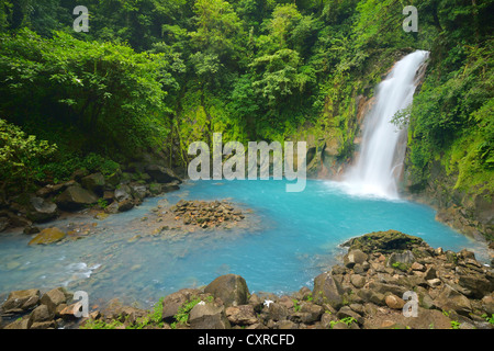 Cascata presso la luce di colore blu fiume Rio Celeste, Tenorio Il Parco Nazionale del Vulcano, Costa Rica, America Centrale Foto Stock