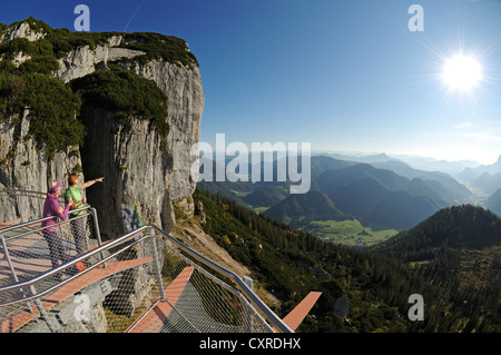 Gli escursionisti femmina in piedi sulla piattaforma di osservazione, Steinplatte montagna Parco Triassico, Waidring, Tirolo, Austria, Europa Foto Stock