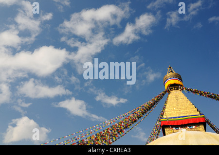 Bodnath stupa con bandiere di preghiera, Kathmandu, Valle di Kathmandu, Nepal, Asia Foto Stock