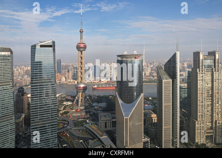 Veduta dello skyline con la Oriental Pearl Tower come visto dal Grand Hyatt Hotel, Pudong, Shanghai, Cina e Asia Foto Stock