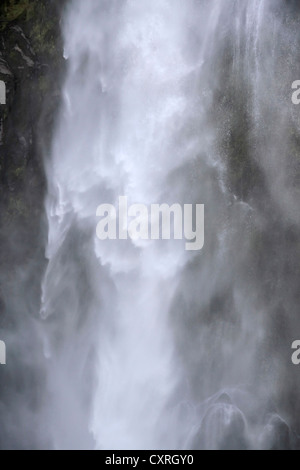 Acqua caduta in Milford Sound, Southland, Isola del Sud, Nuova Zelanda Foto Stock