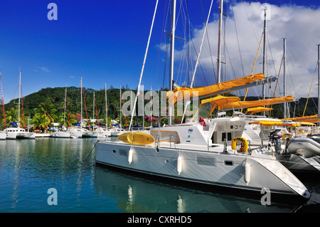 Raiatea o Ra'iatea, Marina di Vairahi Bay, Leeward Islands, Isole della Società, Polinesia francese, Oceano Pacifico Foto Stock