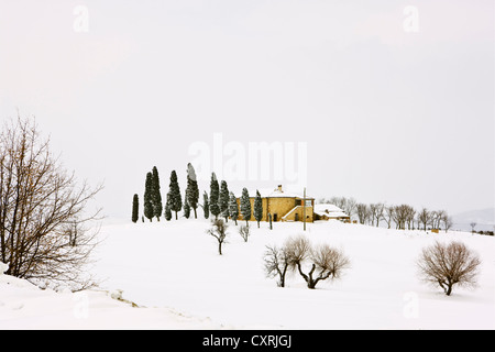 Agriturismo in un invernale paesaggio toscano, Pienza, Toscana, Italia, Europa, PublicGround Foto Stock