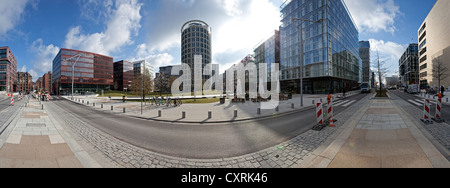 Vista panoramica, parte del nuovo quartiere di HafenCity ad Amburgo, vicino Magellan terrazze, Amburgo, Germania, Europa Foto Stock