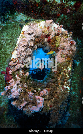 Scuba Diver guardando attraverso il dispositivo di ancoraggio hawse foro in corrispondenza della prua di nave relitto della Zenobia, Cipro, Asia, Europa, Mar Mediterraneo Foto Stock