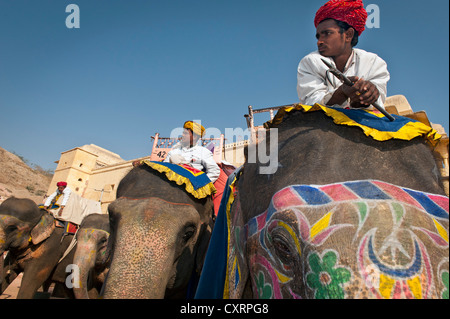 Mahout o elefante conducente con un turbante rosso seduto su un dipinto di elefante, Forte Amer, Ambra Fort o Ambra Palace Jaipur Foto Stock