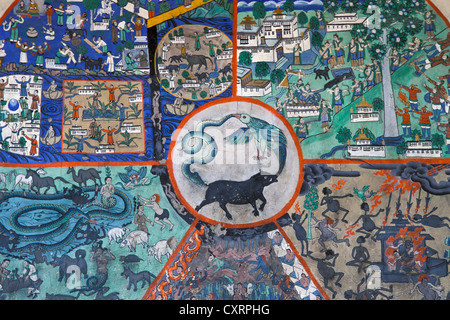 Murale buddista, Buddismo tibetano, Yama, dio della morte, tenendo la ruota della vita, Thiksey o il monastero di Tikse Gompa o a Leh Foto Stock