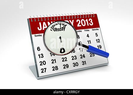 Gennaio 2013 Calendario isolato su sfondo bianco con lente di ingrandimento Foto Stock