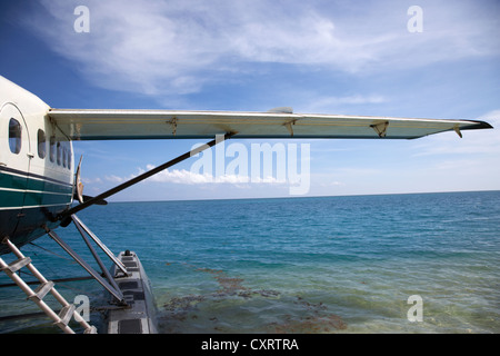 guardando fuori al mare da sotto l'ala di un idrovolante dhc-3 otter del dehaviland sulla spiaggia al secco tortugas florida keys usa Foto Stock