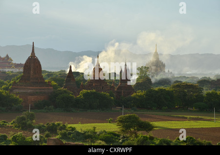 Fumo, nebbia nella luce della sera tra i campi, templi e pagode, Tempio di Ananda e Thatbyinnyu Temple, Bagan, Myanmar Foto Stock