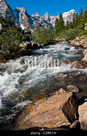 Flusso dal Lago Moraine nella Valle dei Dieci Picchi nel Parco Nazionale di Banff, Alberta Foto Stock