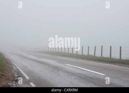 Nebbia fitta su una strada nelle Highlands scozzesi, Grampian Mountains, Scotland, Regno Unito, Europa Foto Stock