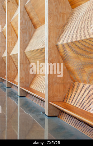 Pareti in legno con panche, Display di aviazione Hall, MOTAT, il Museo dei Trasporti e tecnologia, Auckland, Isola del nord, Nuova Zelanda Foto Stock