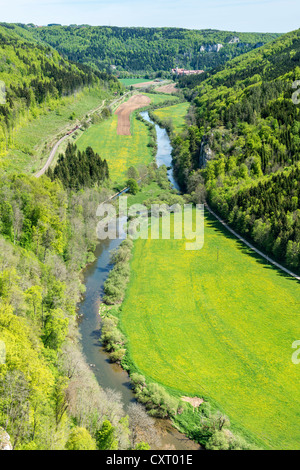 Vista del Danubio superiore valle come visto dalla roccia Knopfmacherfelsen, Baden-Wuerttemberg, Germania, Europa Foto Stock