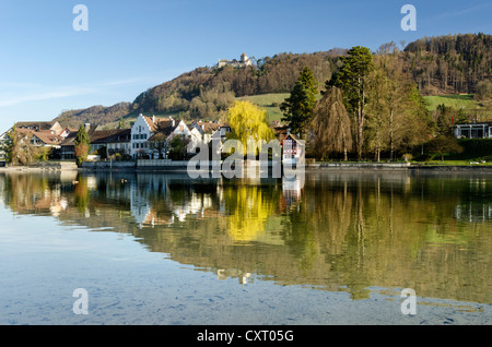 Come vista da Werd island attraverso il fiume Reno con il quartiere storico di Stein am Rhein e Castello Hohenklingen Foto Stock