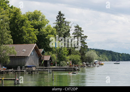 Il lago di Starnberg in Ammerland, comunità Muensing, Fuenfseenland distretto, Alta Baviera, Baviera, Germania, Europa Foto Stock