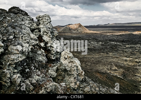 Il vapore caldo passando da crepe nei campi di lava, morto cratere nel Leirhnjukur area geotermica, vicino la caldera Krafla Foto Stock