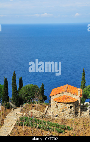 Villa con cipressi sulle scogliere in occidente, Chiessi, Isola d'Elba, Toscana, Italia, Europa Foto Stock